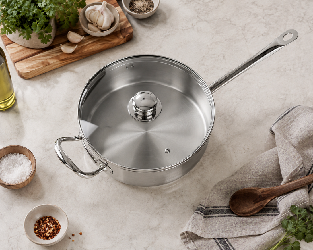 Profesional Stainless Steel Sautepan with Glass Lid 11 in