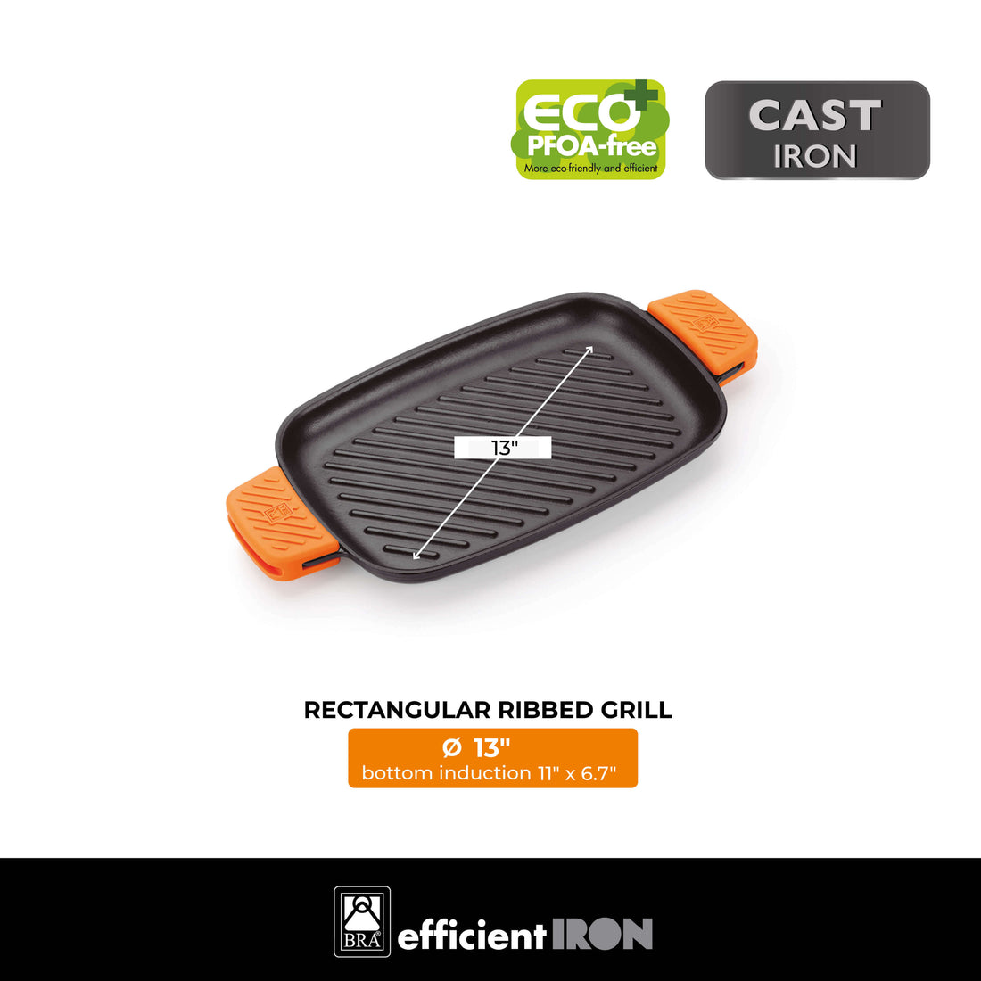 Efficient Iron Cast Iron Rectangular Ribbed Grill without Non-Stick